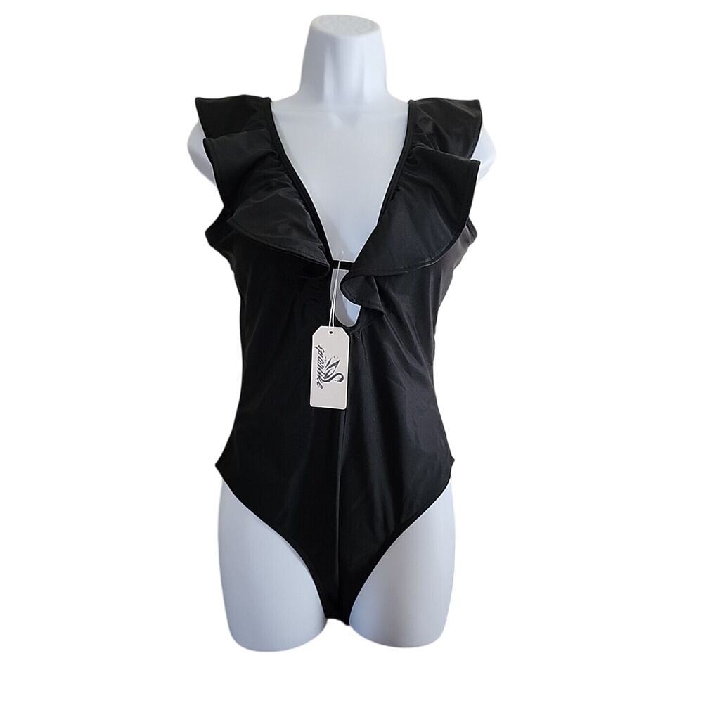Nwt‎ Medium Black Ruffled One-piece Swimsuit